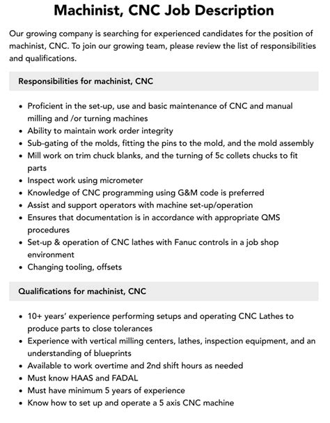 cnc machining job description|job description for cnc machinist.